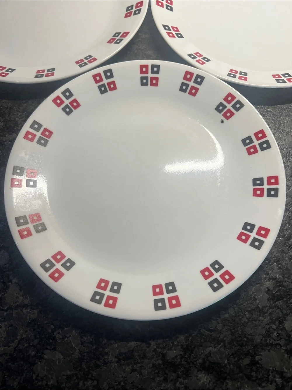 Uptown Vintage Corelle Dinner Plates with Red and Black Square Accent - Set of 3